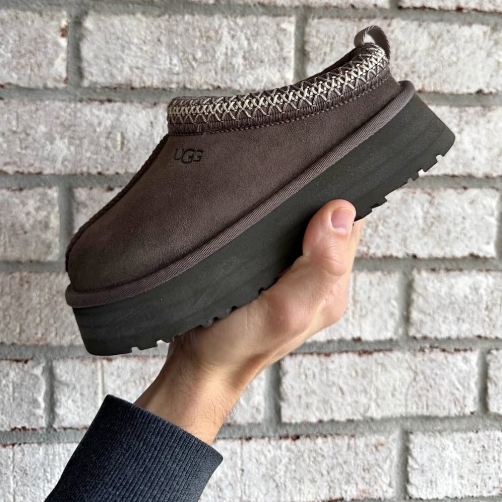 UGG Dark Brown Platform Suede Slip-On Slippers with Braided Trim